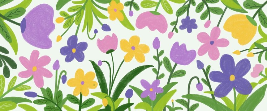 Spring holiday with wildflowers Hand drawn Floral art templates for Womens Day, birthday, Mothers Day, Easter decor. Modern Spring greeting card, banner or poster with hand drawing flower background.