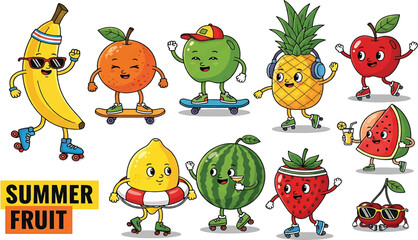 Obraz premium Fruit characters. Summer funky mascots. Cartoon retro juicy strawberry, apple, happy cherry, peach, pineapple, watermelon, lemon, orange. Comic food.