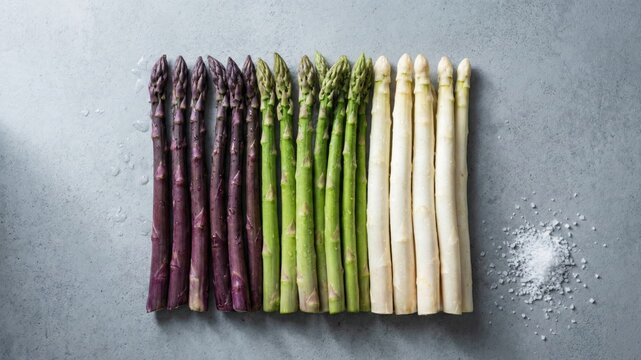 Fresh purple, green, and white asparagus spears arranged in a row with sea salt on grey background
