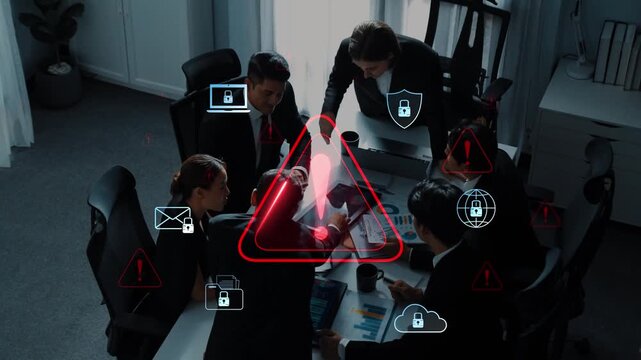 A diverse business team collaborates at a meeting table, discussing critical security risks highlighted by an alert icon, emphasizing the importance of cybersecurity and communication. Raster
