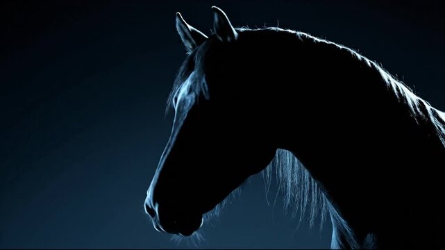 A silhouette of a horse's head and neck against a dark blue background, light illuminating edges