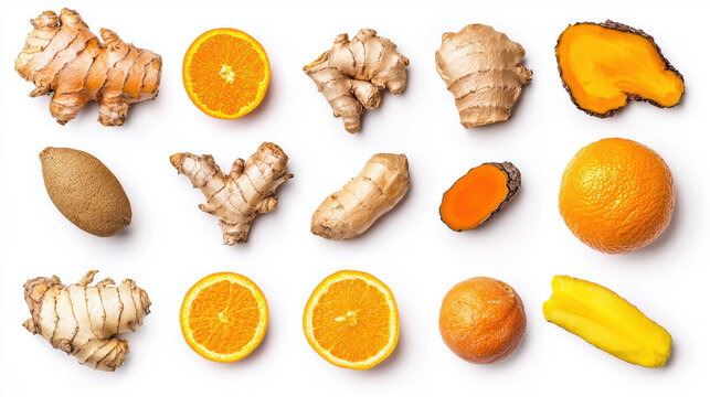 An assortment of vibrant ginger roots, juicy orange slices, ripe oranges, and turmeric pieces are artistically arranged on a crisp white background to showcase variety.