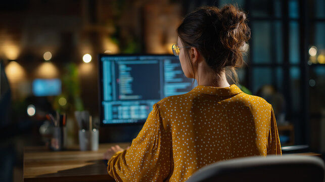 Back view of young woman as freelance data scientist working from home, professional coding and programming on computer remotely, big data mining with artificial intelligence engin