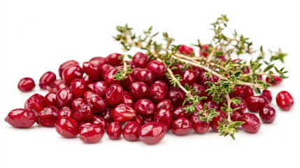 Fresh pomegranate seeds are displayed with thyme sprigs on a white surface, showcasing their vibrant red color and inviting flavor in a clean presentation.