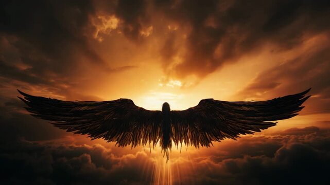 Dark angel wings against sunrise sky 