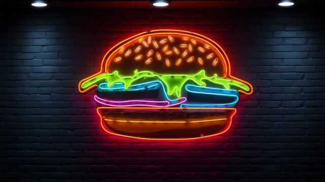 Neon burger sign glowing in dark  