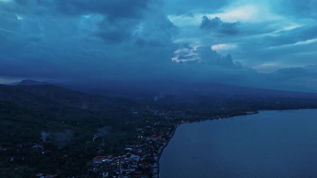 Hyper lapse with coastline and scenic cloudy sky. Drone view hyperlapse