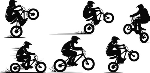 Obraz premium BMX rider silhouette illustrations, black dynamic poses of stunts, wheelies, jumps, speed riding, freestyle biking and outdoor motion
