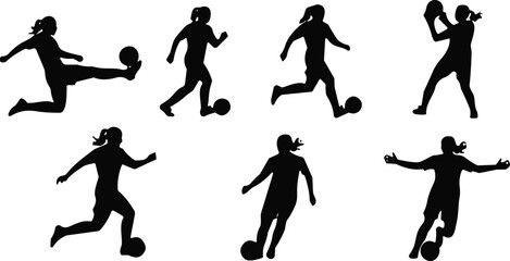 Obraz premium Female soccer silhouette poses, dynamic football movements with ponytail athlete, kicking, running, passing, holding ball in black illustration