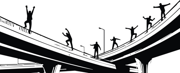 Silhouetted skateboarders on urban highway overpasses, dramatic black and white illustration of motion, risk, freedom, and street exploration © MstSuborna