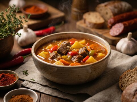 Traditional bograch goulash soup with meat and vegetables served in a clay bowl on wooden table