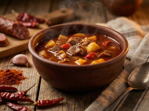 Traditional bograch goulash soup with meat and vegetables served in a clay bowl on wooden table