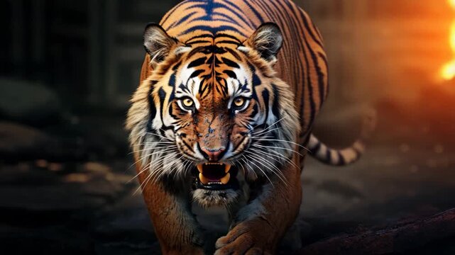Angry tiger roaring in jungle 