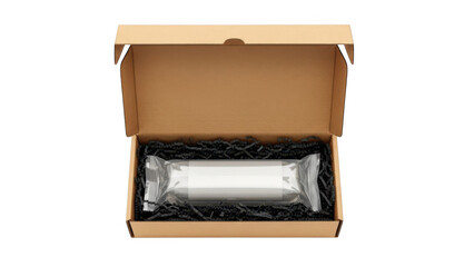 Unboxed cylindrical container securely packed in protective packaging with shredded material