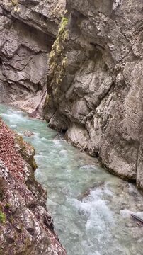 emerald green river flowing through a narrow gorge with forest covering steep vertical slopes in early spring. fresh water, dramatic rocky walls and wild alpine nature in partnach gorge, garmisch-part