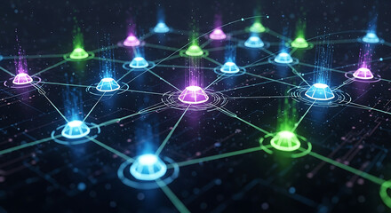 Obraz premium Connected digital nodes emitting colorful light beams in a futuristic network