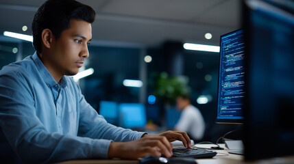 Fototapeta premium Professional using AI cyber tools to write programming code, worker typing busy on web development screen with python, big data mining center office with expert skills, upskilling 