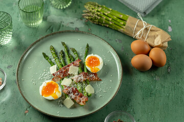 Asparagus bacon soft boiled eggs breakfast plate