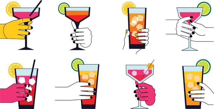 Colorful Cocktail Glasses in Hands Collection with Lime and Orange Garnish Flat Vector Illustration Set