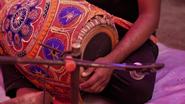 Playing Indian Traditional Dholak Drum &ndash; Indian Music Performance. Close-Up of Dholak Being Played in Live Cultural Event. Indian Folk Music Performance with Dholak Drum.