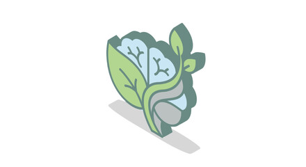 Stylized brain with leaves growing out of it, symbolizing eco-friendly thinking and sustainability.