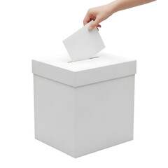 Voting box mockup with hand dropping ballot isolated on transparent background