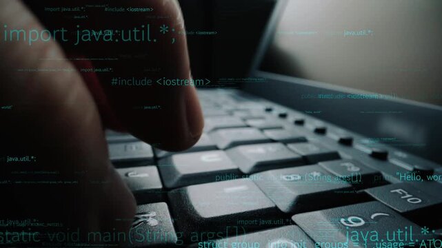 A close-up view of hands typing on a computer keyboard, surrounded by programming code and digital data. This image captures the essence of technology and software development. Xenic