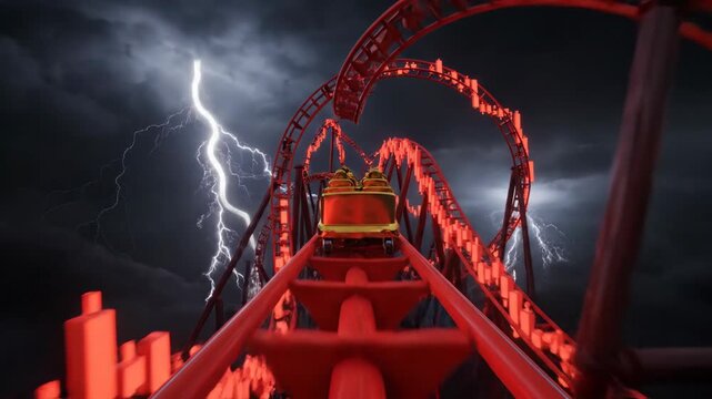 Roller coaster ride on a stock chart track through a stormy sky with lightning for market volatility concept
