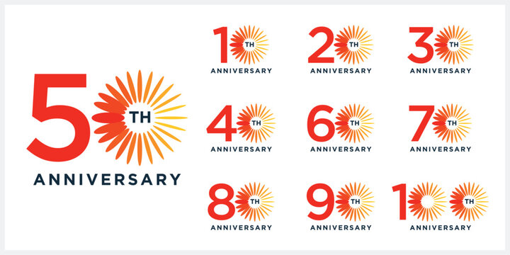 Collection of unique anniversary logo design. Celebration days special vector, firework sunlight symbol icon concept, 10 to 100 logo graphic icon	