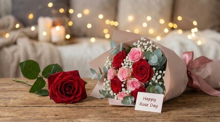 Beautiful Rose Bouquet with Single Red Rose and "Happy Rose Day" Card, Soft Bokeh Lights Background, Romantic Gift