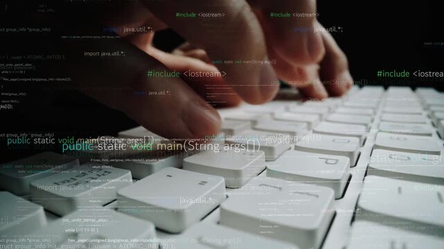 A close-up view of hands typing on a white keyboard, immersed in a digital atmosphere filled with programming code and symbols, showcasing modern technology usage. Xenic
