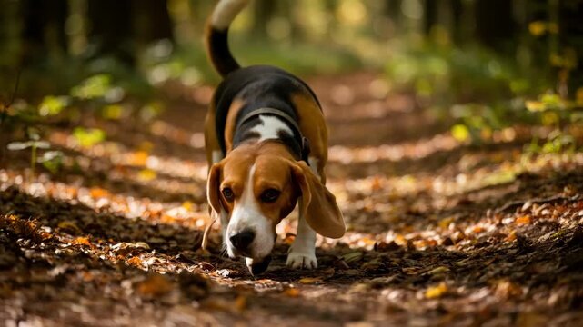 Beagle dog tracking with nose on autumn forest path. Hunting hound searching trail. Scent tracking animal in nature pursuit.