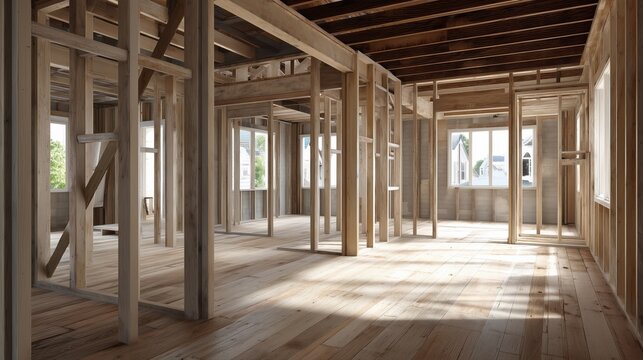 Timber framing and wooden floor interior under construction