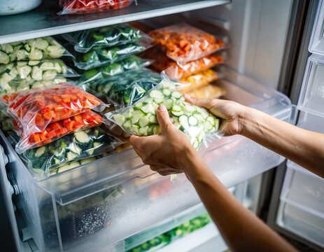 Close-Up of Hands Storing Vacuum-Sealed Vegetables in freezer.