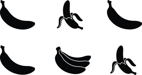 Banana silhouette collection, fruit icon set, black banana shapes, peeled banana design, tropical fruit illustration, bunch and single banana © Sumsul