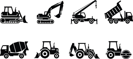 Bulldozer, Excavator, Crane, Dumptruck, Mixer, Tractor, Backhoe, Roller, Vehicle, Silhouette, Machinery, Industrial, Construction, Equipment, Icon, Graphic, Heavy, Transport, Design, Illustration