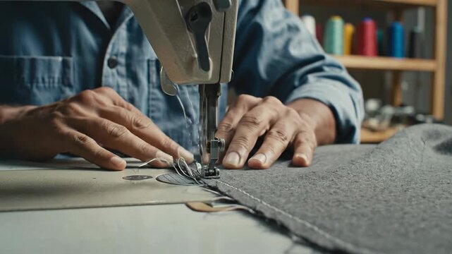 Close-up of hands sewing grey fabric on a sewing machine, colorful threads in background