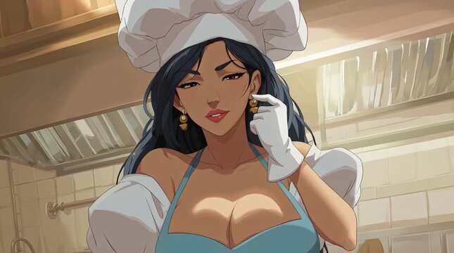 Animated Anime Busty Woman Chef Wearing White Hat Cooking Food in Professional Kitchen