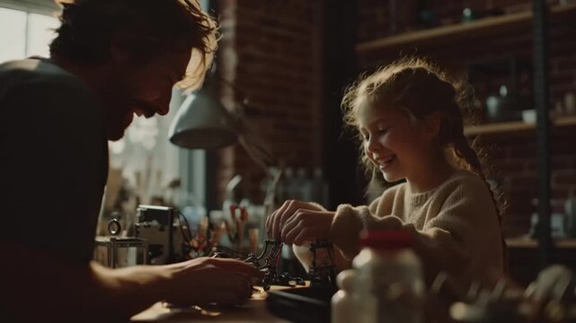 Crafting Moments: A tender scene unfolds as a father and child share a moment of creation, engaged in a hands-on activity of building and exploration, against the backdrop of an inspiring workshop.