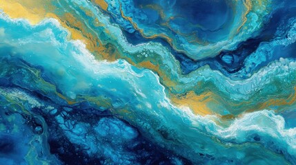 Fototapeta premium Abstract ocean-inspired blue and gold fluid art painting.