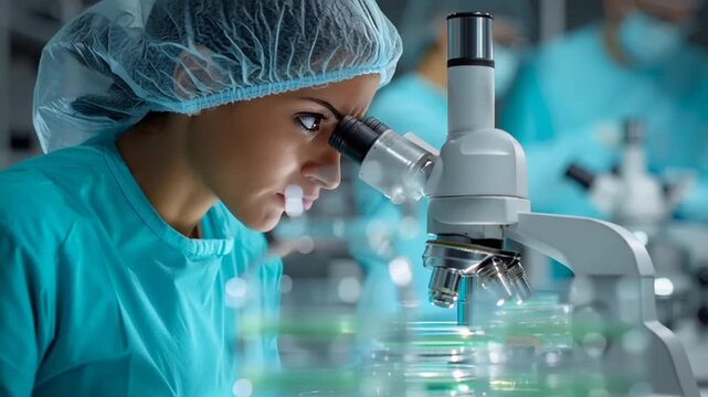Women's Day: A scientist in a lab coat and hairnet intently examines a sample through a microscope in a modern laboratory setting for video analysis.