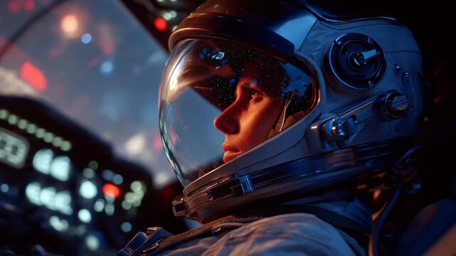 Women's Day: A female astronaut in a spaceship cockpit wearing a helmet and preparing for liftoff in a video about space exploration