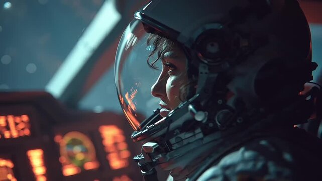 Women's Day: A close-up video of an astronaut in a spacesuit looking out into space with a thoughtful expression