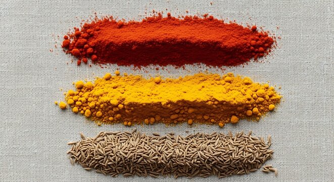 Paprika, turmeric and cumin spices arranged in parallel lines on linen fabric, geometric flat lay representing order, flavor diversity and modern culinary background use
