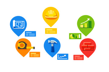 Naklejka premium Construction tools and symbols displayed in colorful icons represent different aspects of building and project management in a digital format