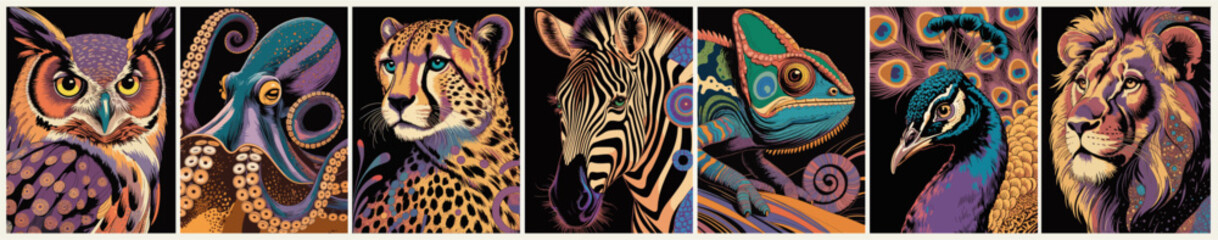 Fototapeta premium Set of five vibrant animal portraits with octopus, cheetah, zebra, chameleon, and peacock in a modern decorative style on black background.