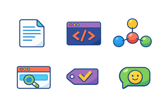 Icons representing different elements of technology and communication in a simple format are arranged in a grid layout on a white background