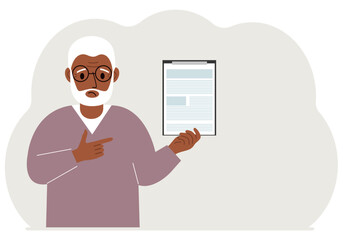 A man holds a contract or document in his hand. Lawyer. Vector flat illustration