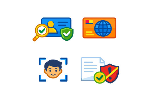 Various identification symbols showing document verification, security checks, and user identity verification through tools like scanning and checks