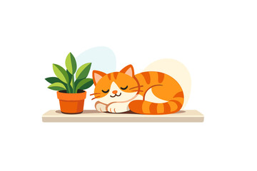 Obraz premium Orange cat sleeps next to green plant on shelf in a bright room during sunny day